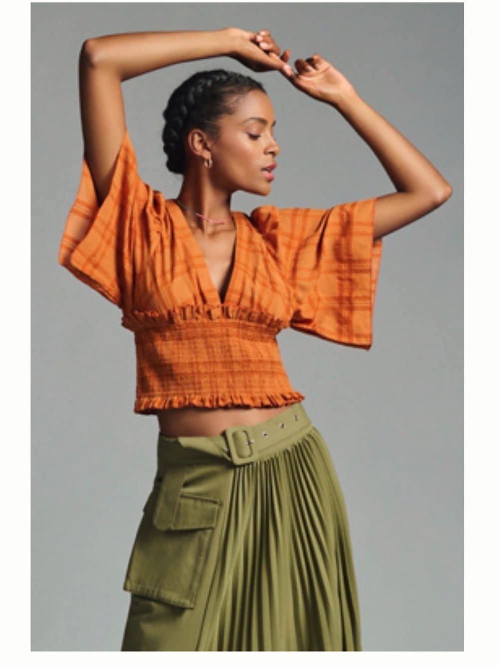 Anthropologie Orange Smocked V-Neck Flutter Sleeve Crop Top